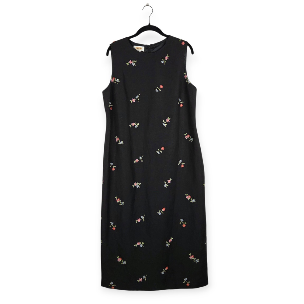 Vintage Talbots Black Linen Blend Floral Embroidered Maxi Dress 14P Casual Beach
